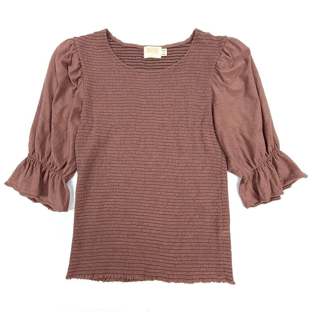 Nation LTD Bardot Gathered Sleeve Top Puff Sleeve Smocked Boho Knit Medium Mauve